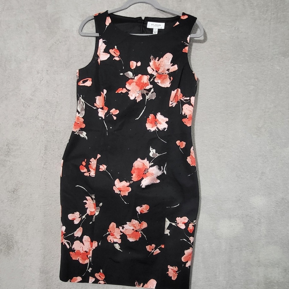 St. John Evening Dress Womens 8 Black Floral Sheath Knee Length Cocktail